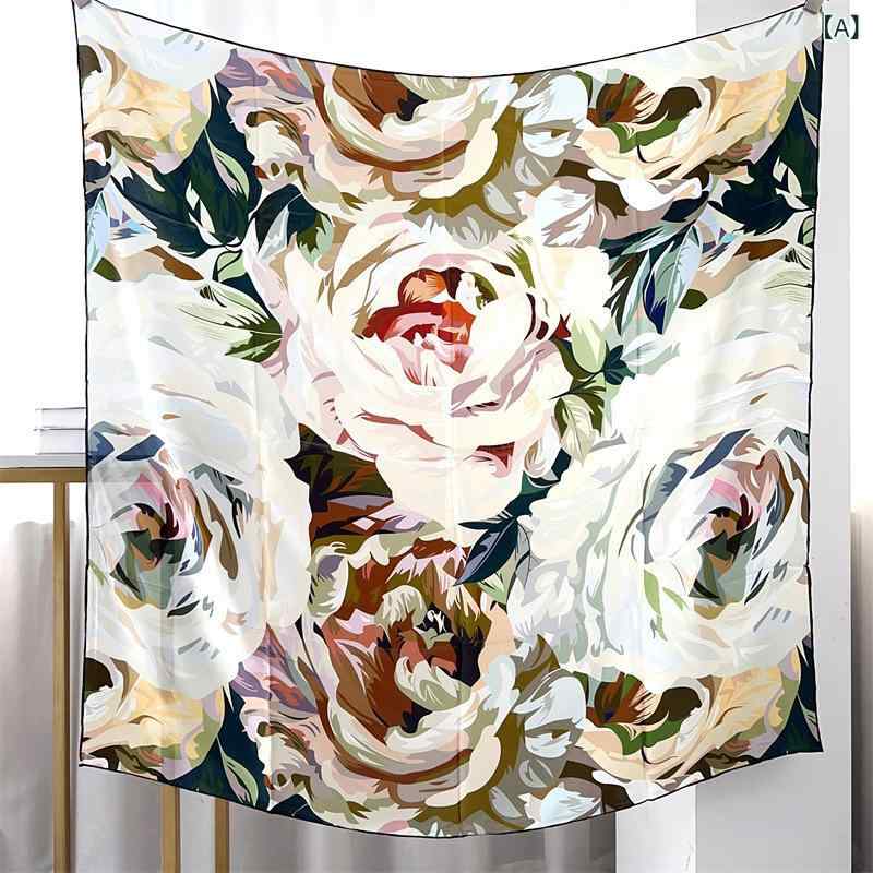 スカーフ レディース 桑蚕シルク 高級感 なめらか肌触り レトロ エレガント 牡丹柄 油絵風デザイン 大判 正方形 手巻きヘム ショール 普段使い オフィス フォーマル