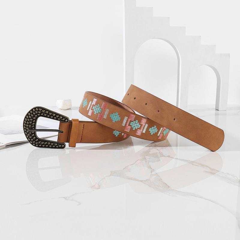 ベルト レディース 女性用 PUレザー 合成皮革 ピンバックル 欧米風 刺繍 ライン装飾 レトロ ヴィンテージ ファッション おしゃれ クラ..