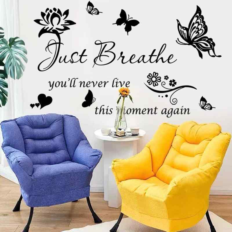 ウォールステッカー インスピレーション Just breathe 蝶 蓮の花 粘着式 リビング 寝室 教室用 壁飾り PVC インテリアシール