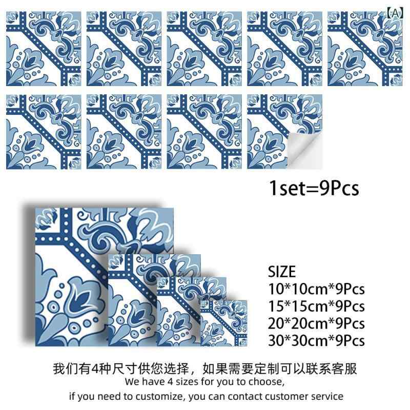 タイルシール バスルーム キッチン 洗面所 トイレ レトロ アンティーク ブルー タイル柄 防水 防カビ ..