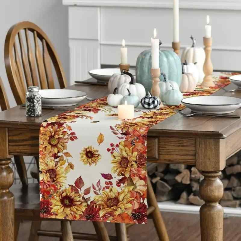 Table Runners - テーブルランナー テーブルセンター 秋 感謝祭 サンクスギビング ひまわり柄 プリント ダイニング 宴会 屋外 アウトドア リビング 寝室 ポリエステル 装飾