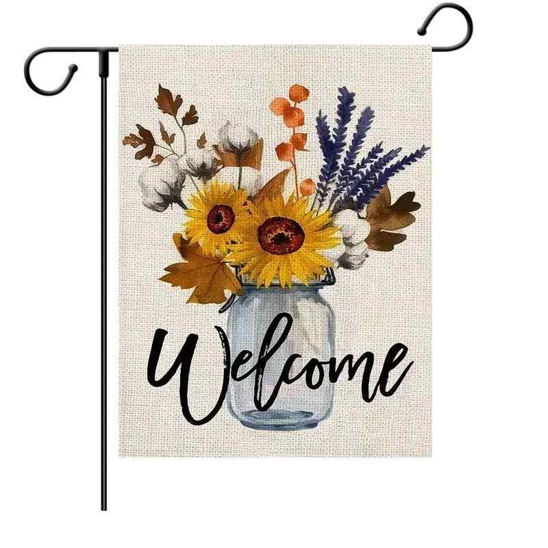 ガーデンフラッグ 秋 ひまわり ウェルカムプリント 庭 玄関 屋外 装飾 デコレーション 飾り付け パーテ..