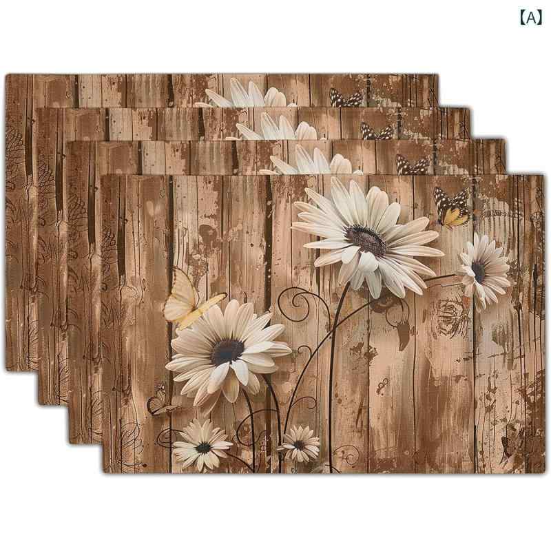 ランチョンマット リネン 麻 ポリエステル プリント柄 ひまわり デイジー モダン シンプル 北欧風 キッチン リビング ダイニング テーブルウェア インテリア 雑貨 食卓 春夏(x4)