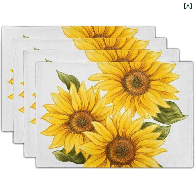 ランチョンマット 麻 リネン ポリエステル ひまわり柄 プリント おしゃれ 春夏 食卓 ダイニング キッチン リビング インテリア モダン シンプル スタイリッシュ デザイン プレースマット テーブルマット(x4)