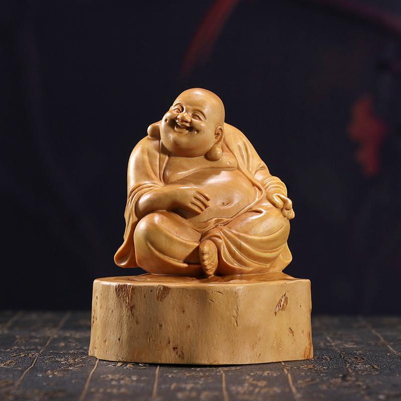 置物 弥勒仏像 黄楊木彫り つげの木製 中国風 工芸品 精巧 笑顔 癒し 縁起物 開運 ...