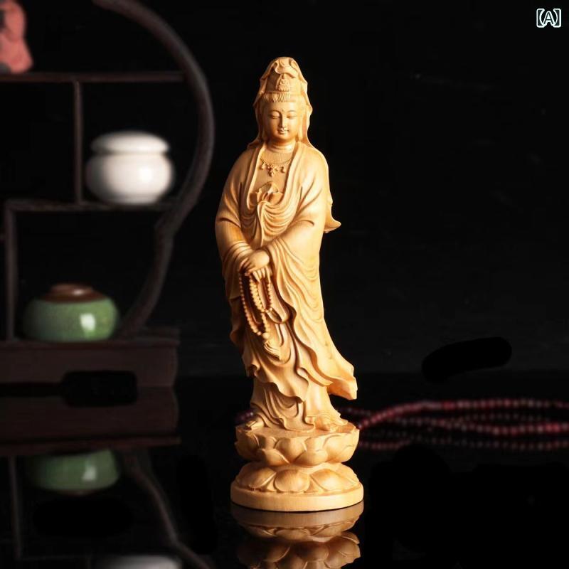置物 工芸品 黄楊木彫刻 観音菩薩像 仏像 新中式スタイル リビング 居間 玄関 和室 飾り物 木製オブジェ 純手作り 美術品 手彫り 室内装飾 インテリア ディスプレイ