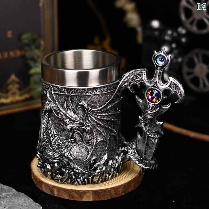 ビールジョッキ 3D立体 ドラゴン像 剣デザイン レトロ おしゃれ ステンレス製 マグカップ ビアグラス ユニーク ドリンクカップ ギフト 2