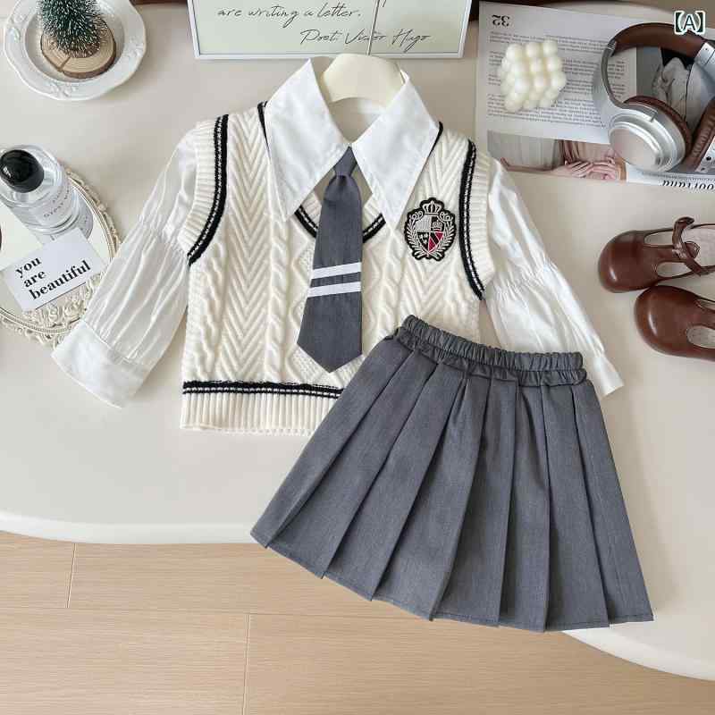 Other - スカートセット 女の子 ガールズ 長袖シャツ ニットベスト プリーツスカート 3点セット スクール風 制服風 秋冬 通学 普段使い 綿 シンプル 無地 かわいい 幼児 小学生