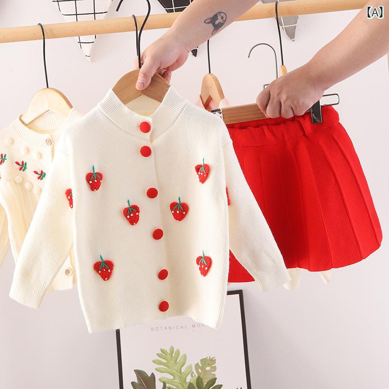 ワンピース ドレス キッズ 女の子 ベビー ニット セーター フルーツ 手編み花 2点セット ツーピース おしゃれ かわいい 秋冬 お出かけ 普段着 アクリル