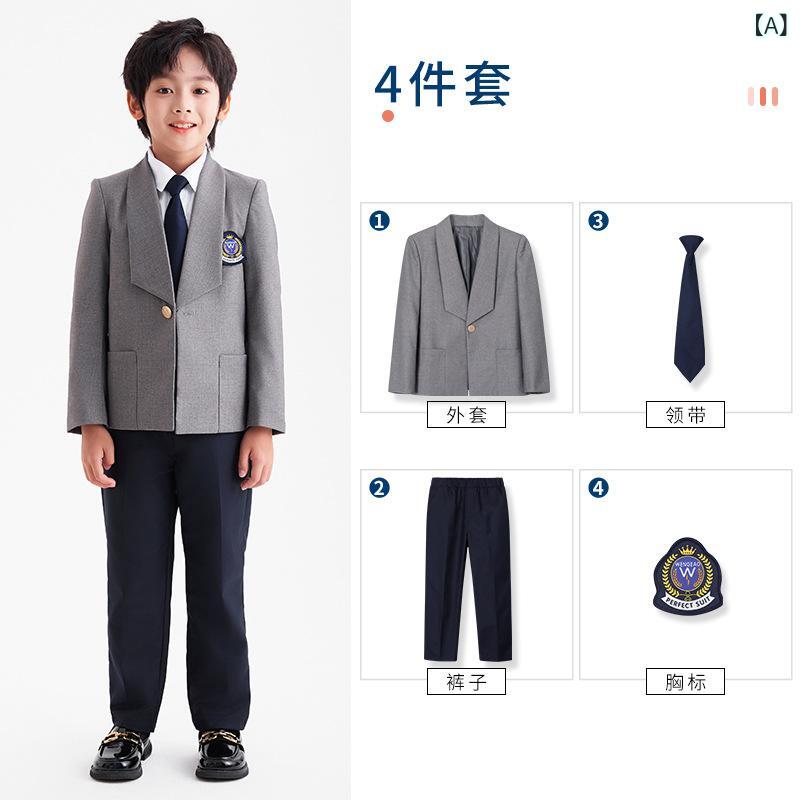 制服 キッズ 男女兼用 ブリティッシュ スクールブレザー 幼稚園 小学生 園児服 スクールウェア 上下セット 長袖 ポリエステル おしゃれ シングルブレスト パンツ スカート