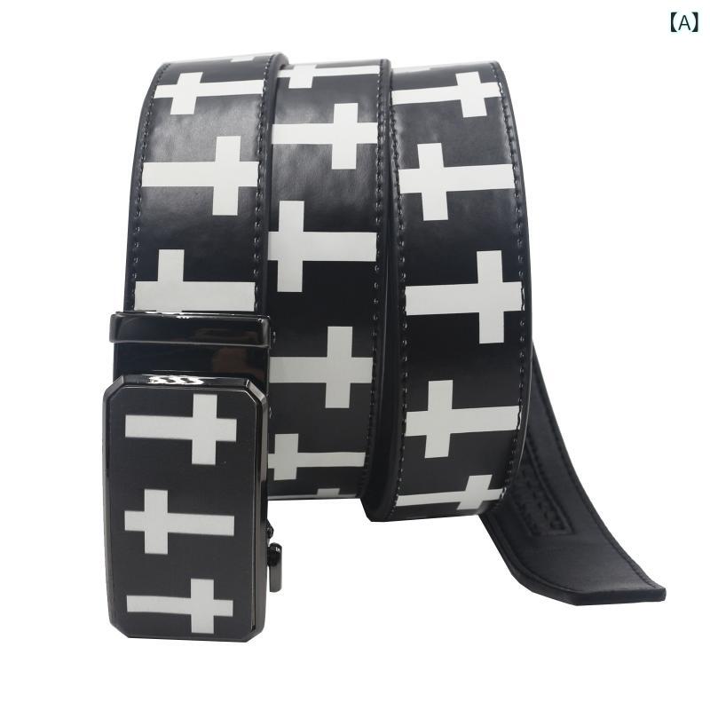 ベルト メンズ オリジナルデザイン 欧米風 オートロック式 PUレザー カジュアル ブラック 十字架 クロス柄 グラフィティプリント 合金バックル