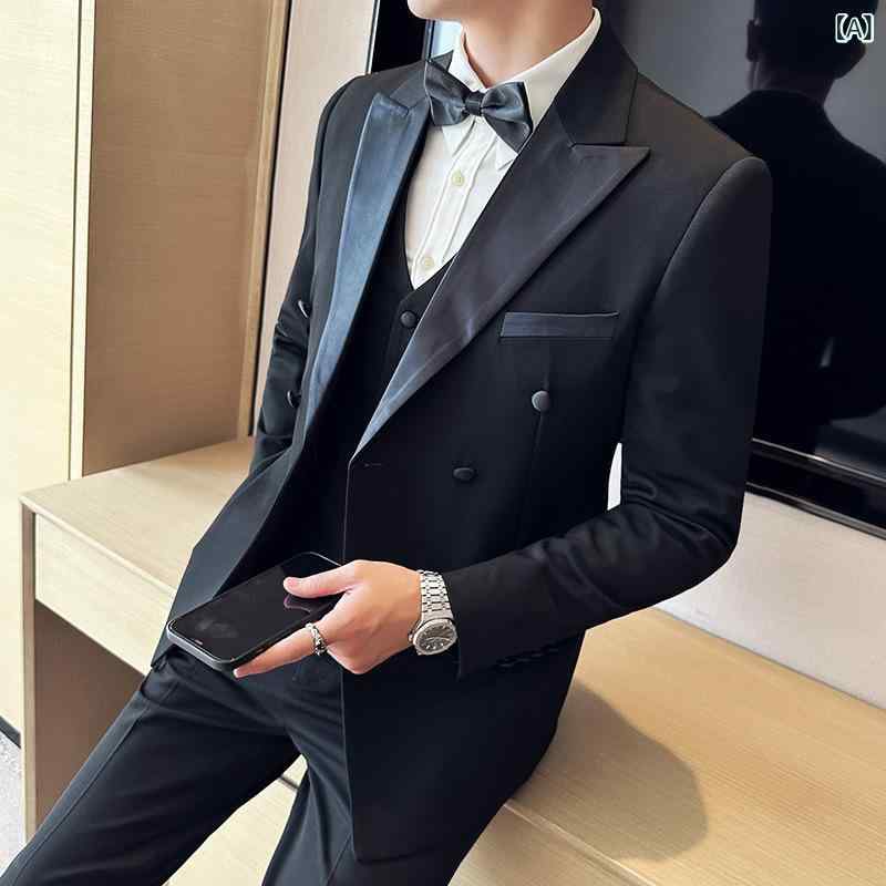 ・前立て: ダブルブレスト2つボタン・誤差: 約1～3cm・素材: 化学繊維混紡・主な素材: ビスコース繊維 28%・シーン: カジュアル・襟型: ピークドラペル・ベント: サイドベンツ・フィット: スリム・厚さ: 標準・デザイン詳細: ボタン装飾・カラー展開: ブラック・サイズ展開: S, M, L, XL, XXL, 3XL, 4XL, 5XL, 6XL, 7XL・スタイル: ライトビジネス・縫製: 接着芯地