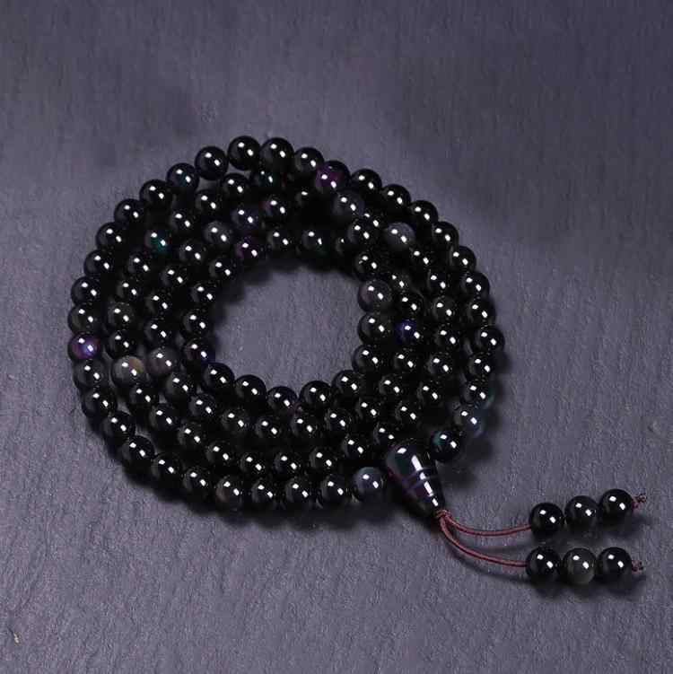 ブレスレット 男女兼用 ユニセックス 天然石 パワーストーン 黒曜石 レインボーアイ 水晶 108珠 数珠 念珠 多連 黒系 ブラック お守り 厄除け 魔除け 開運 浄化 レトロ ヴィンテージ ファッション