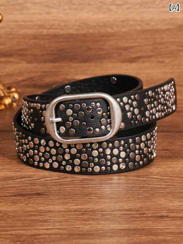 ベルト メンズ パンクロック ストリート系 ヘビーメタル スタッズ ラインストーン 不規則デザイン アシンメトリー PUレザー ピンバックル デニム ジーンズ カジュアルファッション アクセント ブラック