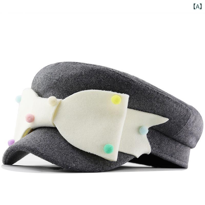 キャスケット レディース 韓国ファッション 日系 レトロ 個性的 大人可愛い リボン ファーポンポン ベレー帽風 つば広 帽子 秋冬 綿素材 防寒 普段使い お出かけ 旅行 グレー ブラック(x2)(4.0)