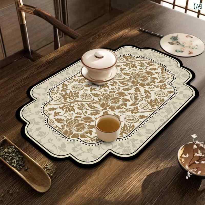 マット 中国風 レトロモダン ヴィンテージ柄 茶台敷き 茶器用 耐熱 コースター 珪藻土 吸水速乾 滑り止め ズレ防止 植物花柄 テクノロジー生地 ゴム底 不規則な形