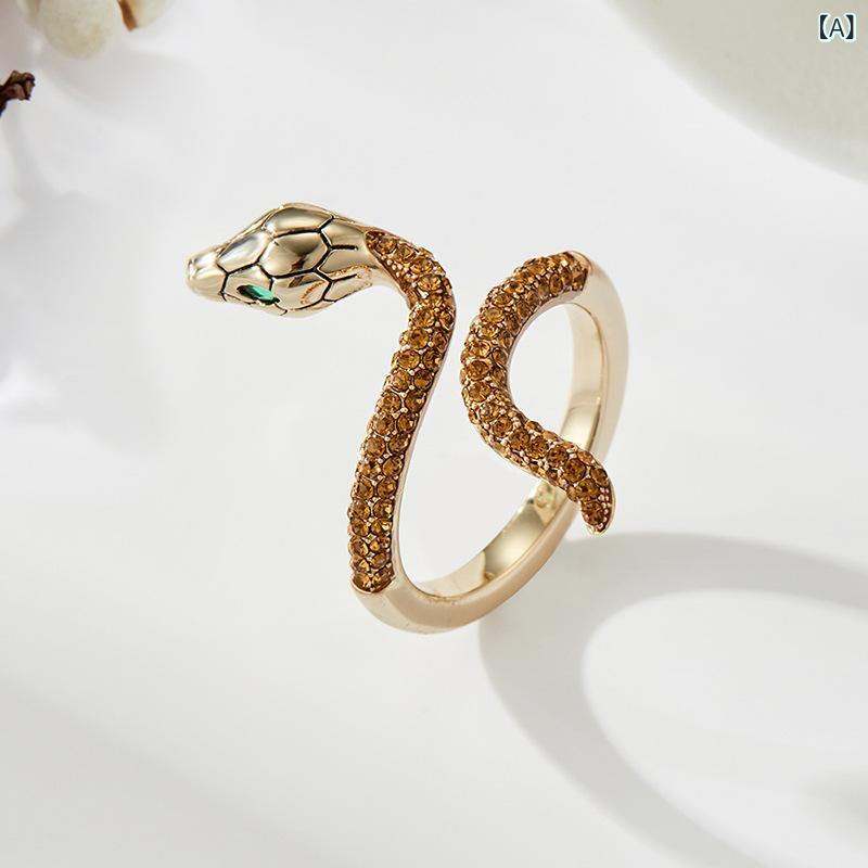指輪 レディース スネークモチーフ オープンリング 立体巻きつき 調節可能 コーヒーゴールド 銅製 ファッション クール スタイリッシュ 人差し指 アクセサリー(x2)