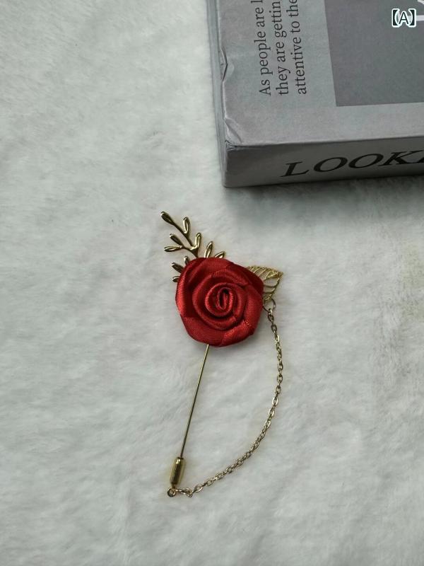 ブローチ 男女兼用 韓国スタイル 布製 フラワーモチーフ チェーン タッセル付き 葉 リーフ ロングピン ..