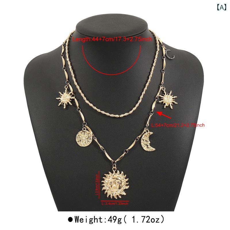 ネックレス レディース 太陽 月 星 宇宙 モチーフ 多層 ペンダント 重ね付け レトロ ヴィンテージ ファッション 個性的 合金 フェイクジルコニア ゴールド シルバー 電気メッキ