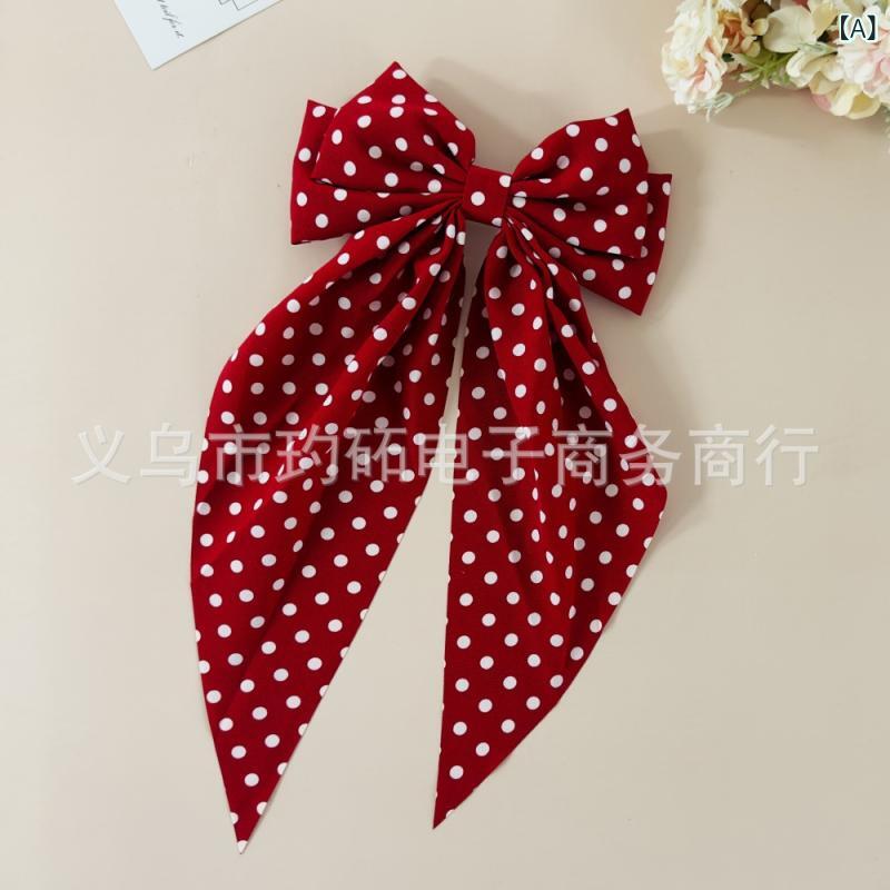 ヘアアクセサリー レディース バンスクリップ レトロ ドット柄 ビッグリボン ロングテール 揺れる まと..