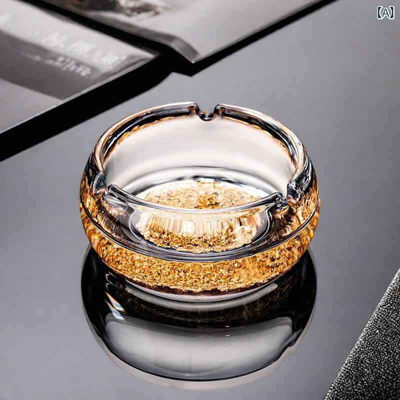 灰皿 クリスタルガラス 金箔入り 高級感 ライトラグジュアリー 彫刻デザイン 厚手 家庭用 リビング オ..