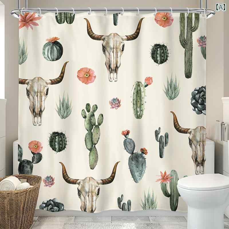 シャワーカーテン 牛骨 サボテン 植物柄 ボヘミアン風 デジタルプリント 防水 撥水 ポリエステル製 バスルーム 間仕切り 目隠し インテリア フック付き