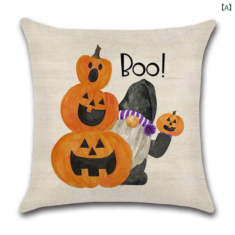 クッションカバー ハロウィン 麻 リネン カボチャ キャラクター イラスト 面白い ユニーク 遊び心 飾り付け イベント パーティー 雑貨 リビング 部屋 ソファ用 白地(x2)