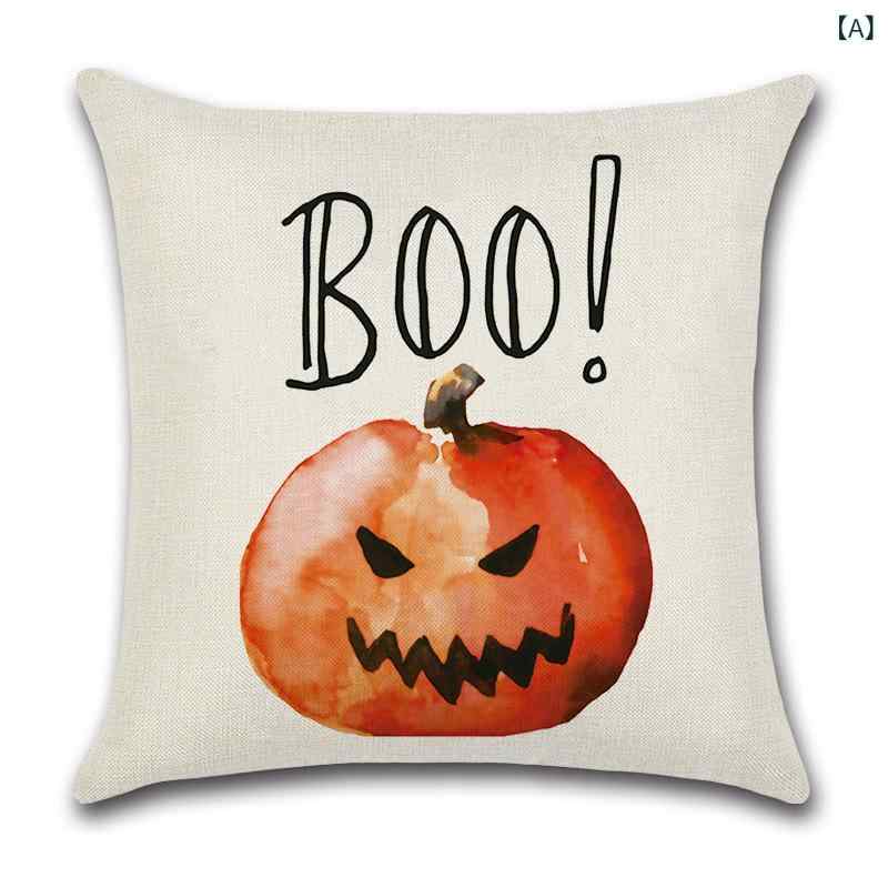 クッションカバー 抱き枕カバー 麻 綿麻 ハロウィン カボチャ キャラクター かわいい 正方形 45cm角 部屋飾り インテリア ソファ リビング おしゃれ 雑貨