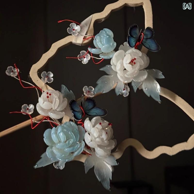 ヘアクリップ 琉璃 花かんざし 宋風 漢服 サイドクリップ 手作り 古風 上品 エレガント 涼しげ 普段使..