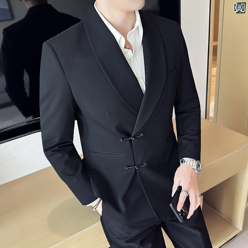 ・カテゴリ: カジュアルジャケット・スタイル: 中国風・フィット: スリム・ネックライン: テーラードカラー・フロント: シングルブレスト2ボタン・主な素材: ポリエステル70%、綿混紡・裏地素材: ポリエステル・袖丈: 長袖・着丈: レギ...