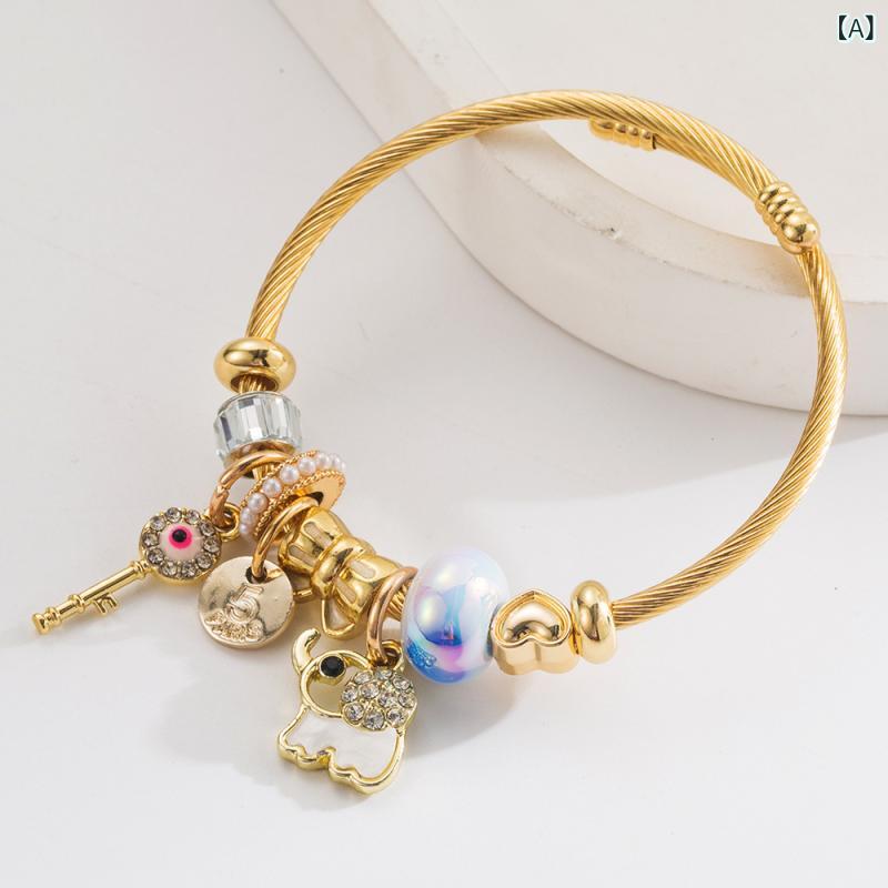 ブレスレット レディース ステンレス ビーズ 象 キー イニシャル アルファベット チャーム ジルコニア 幾何学 調節可能 韓国風 個性的 かわいい 普段使い 友情 親友 ギフト プレゼント