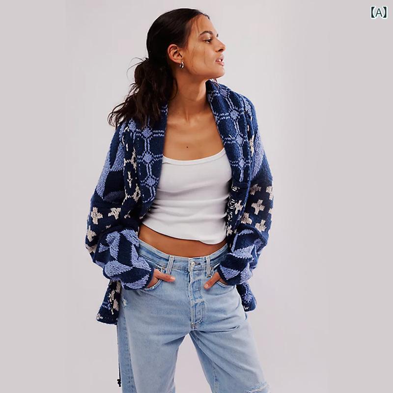 ニット レディース 女性用 秋冬 欧米ストリートファッション 抽象柄 開襟 ゆったり 長袖 前開き カーディガン セーター ポリエステル 中厚手