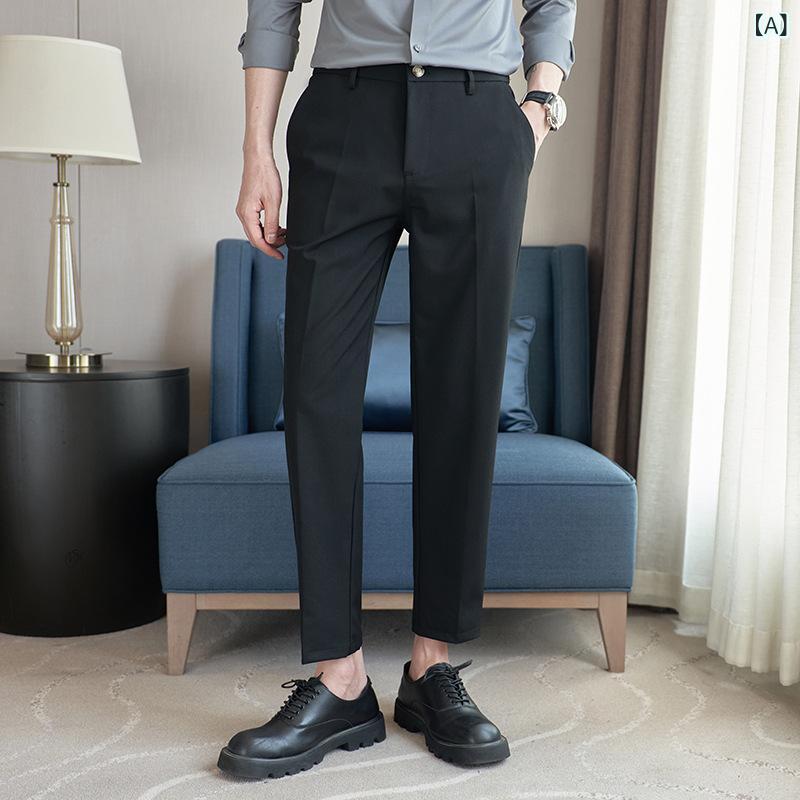 パンツ メンズ クロップドパンツ 9分丈 スリムフィット スラックス ウエストゴム 伸縮性 ストレッチ素材 春秋 大人のカジュアル オフィスカジュアル 通勤 普段使い 男性用 黒 グレー カーキ