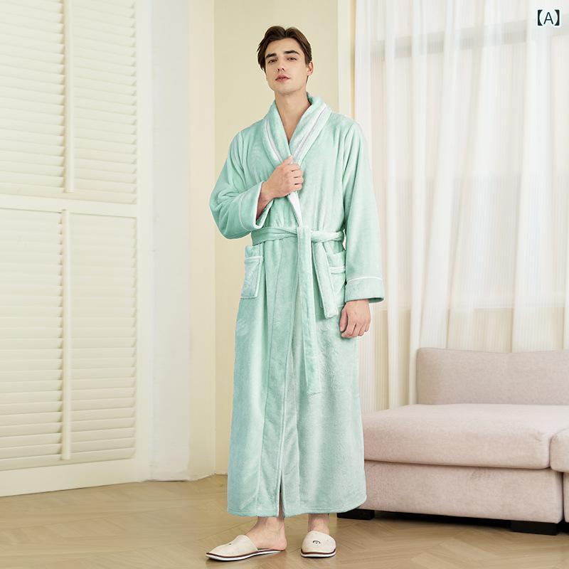 バスローブ ガウン 男女兼用 カップル フランネル 切り替え Vネック 超厚手 ロング丈 保温 パジャマ 寝..