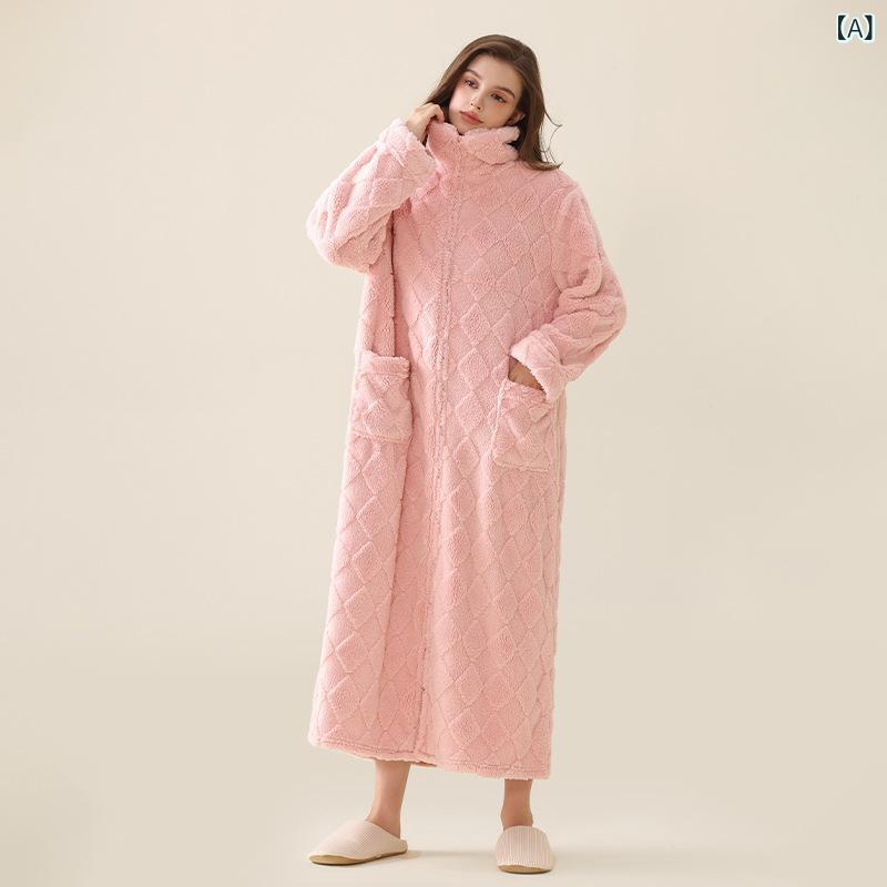 バスローブ レディース 秋冬 ソフトフランネル ポリエステル 長袖 ひし形ジャカード 厚手 保温 あたたかい ロング丈 ガウン 寝巻き ル..