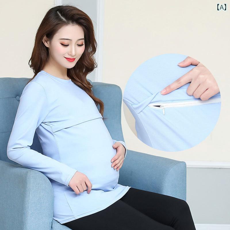 トップス レディース マタニティ 産後 授乳 ニットトップス 綿 ラウンドネック 長袖 プルオーバー ファ..