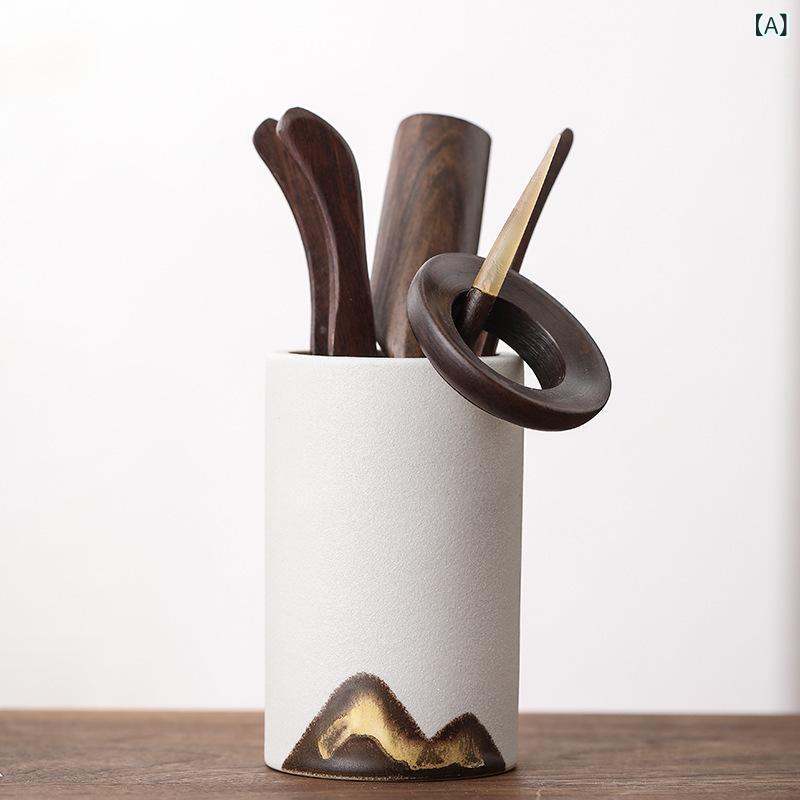 茶道道具 和風 遠山風景 手描き 釉絵 六君子セット 職人手作り 素朴な粗陶器 銘木黒檀 天然木製 茶器 ..