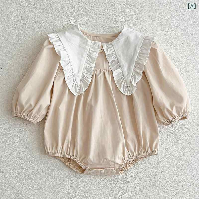 ワンピース ロンパース 女の子 ベビー 韓国風 プリンセス風 ビッグカラー 長袖 Aライン 綿 コットン 姉妹 お揃い リンクコーデ 秋冬 杏色 おしゃれ かわいい 安心 ソフト