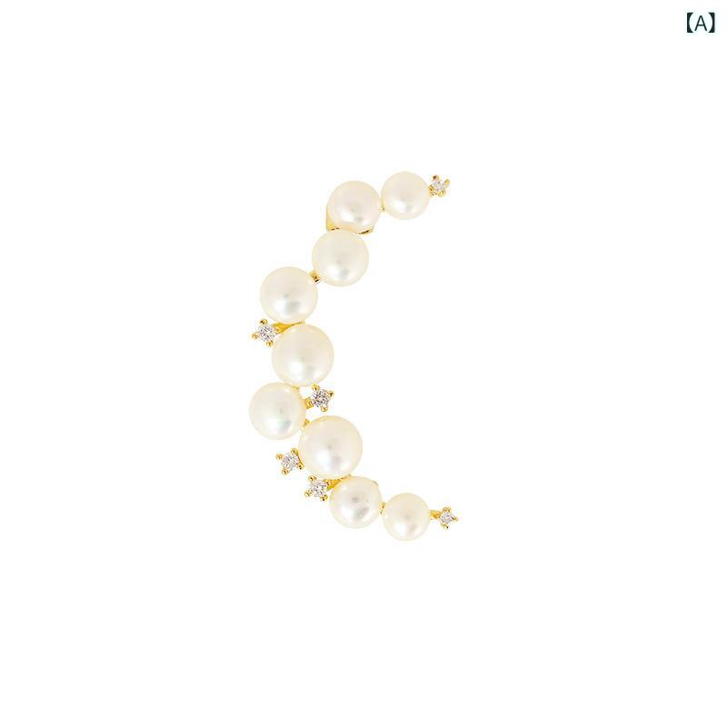 ブローチ レディース 月モチーフ パール 真鍮製 電気メッキ加工 繊細 上品 露出防止クリップ スカーフ留め具 ゴールド シルバー フォーマル カジュアル 普段使い ファッション雑貨