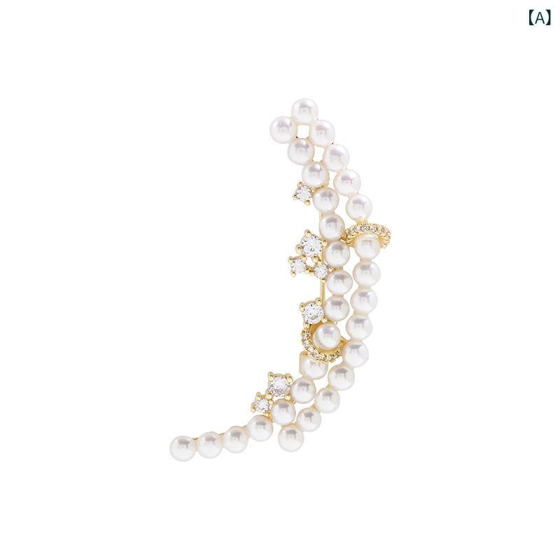 ブローチ レディース 女性用 月モチーフ 三日月 淡水パール 金メッキ 個性的 デザイン ライトラグジュアリー エレガント 胸元カバー オフィス フォーマル スーツ ジャケット
