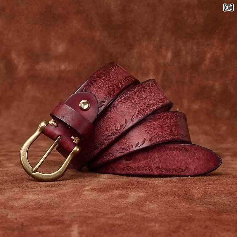 ベルト メンズ 極厚 本革 牛革 彫刻デザイン レトロ マット加工 銅製 馬蹄形バックル ピンバックル カジュアル デニム ストリート 個性的