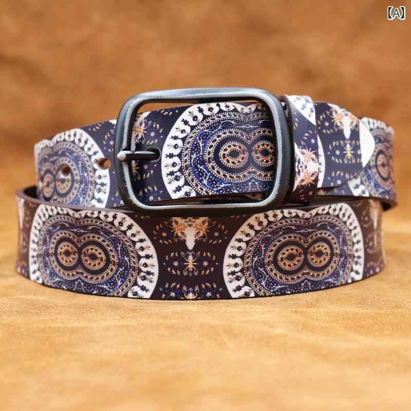 ベルト 本革 牛革製 フクロウ目 グラフィティ柄 レトロ ヴィンテージ 個性派 ユニーク ストリート ヒップホップ アメカジ 日韓風 ピンバックル ホワイト カジュアル ファッション小物 普段使い