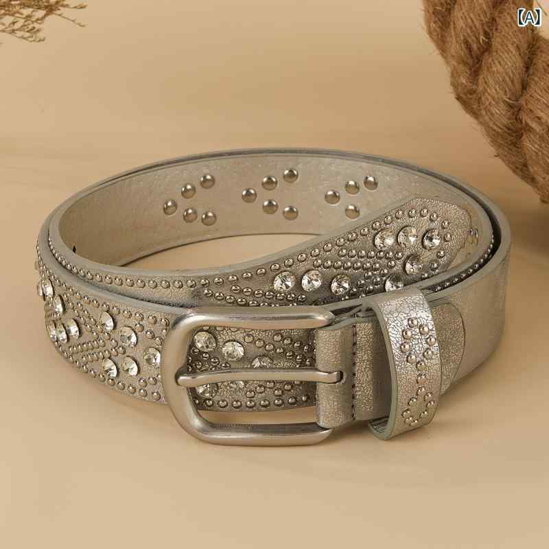 ベルト パンク ロック ストリート系 ヘビーメタル風 不規則な爪スタッズ ラインストーン飾り デニム ジーンズ 幅広 ウエストマーク PUレザー シルバー