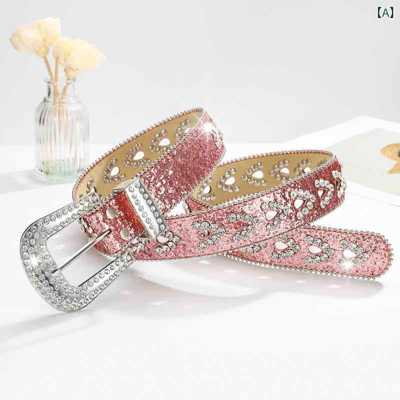 ベルト レディース 女性用 個性的 スパンコール ラインストーン キラキラ 輝く ハートモチーフ おしゃれ トレンド クール かっこいい フェイクレザー 合皮 ジーンズ デニム ヒップホップ パンク ロック ストリート カジュアル ウエストマーク ピンク