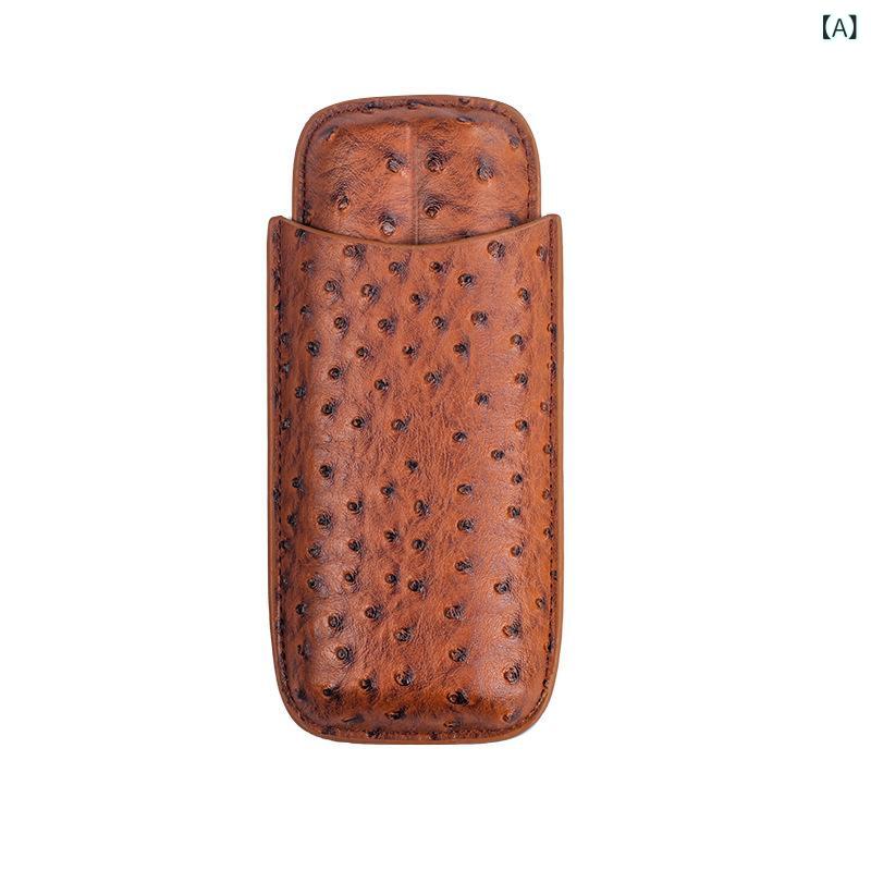 シガーケース ブラウン オーストリッチ柄 レザー 2本収納 携帯用 葉巻入れ 保湿機能付き トラベル ビジ..