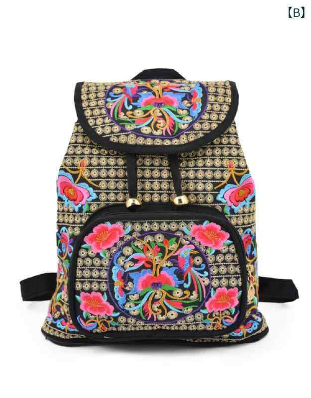 後背包, 後背包 - リュック レディース 女性用 キャンバス 帆布 エスニック 民族柄 刺繍 花柄 巾着開閉 ドローストリング 軽量 丈夫 普段使い デイリーユース 通勤 通学 旅行 ファスナーポケット 春夏(x3)