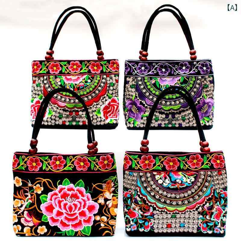 手提包 - ハンドバッグ レディース 民族風 エスニック 刺繡 花柄 手提げ キャンバス生地 木製ビーズ マザーズバッグ 横長スクエア ファスナー開閉 日常使い ミセス向け 普段使い