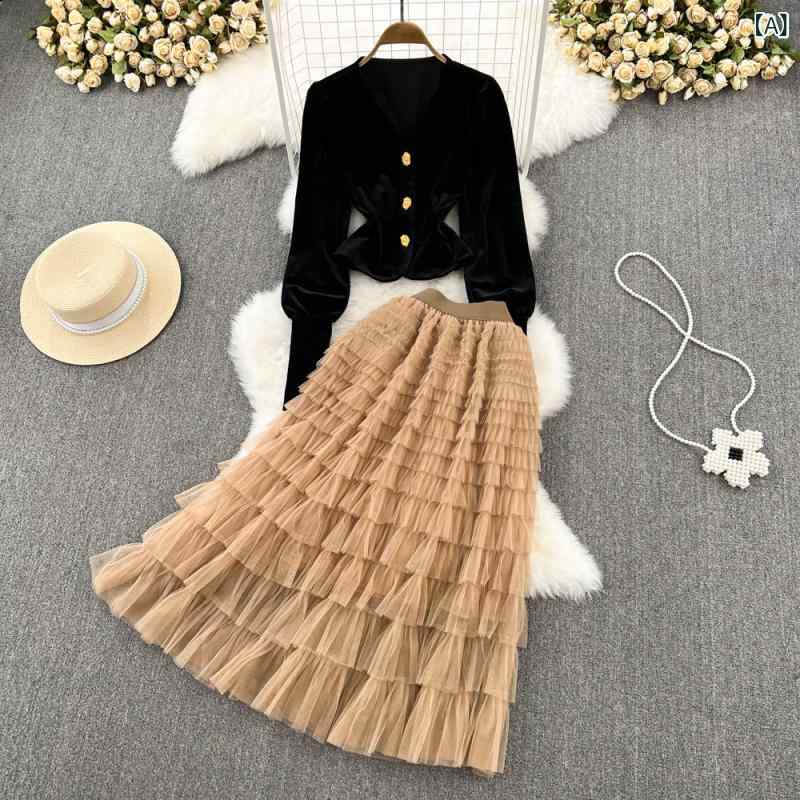 セットアップ レディース 女性用 レトロ クラシック Vネック ランタンスリーブ パフスリーブ ベロア ベルベット トップス ハイウエスト ティアードスカート フレアスカート ツーピース 秋冬 上品 エレガント きれいめ カジュアル お出かけ デート 通