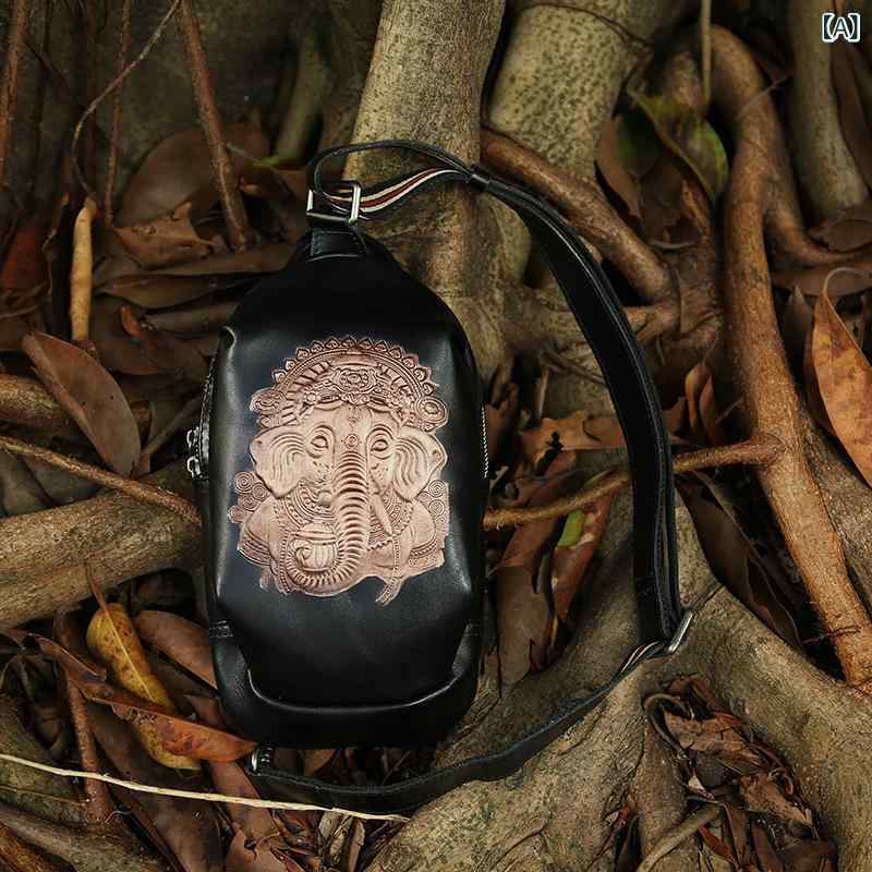 メンズ ボディバッグ ワンショルダーバッグ 本革 牛革 レザーカービング 象神 型押し 縦型 盗難防止 中型 カジュアル ストリート ブラック ブラウン(x3)