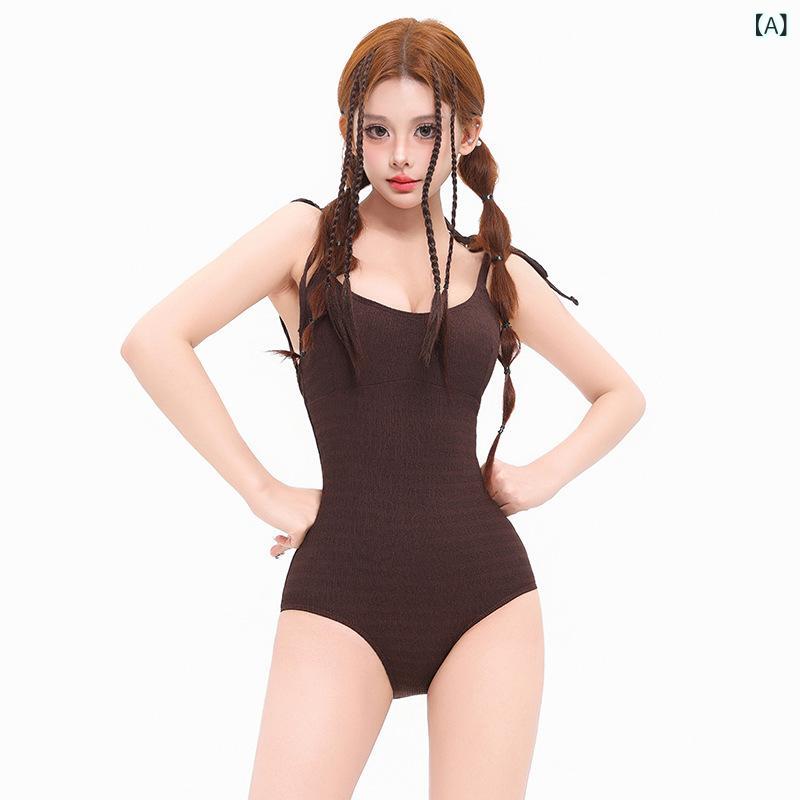 水着 レディース ワンピース バックシャン ノンワイヤー パッド付き 体型カバー 着やせ 無地 ブラウン セクシー シンプル おしゃれ ビーチ プール
